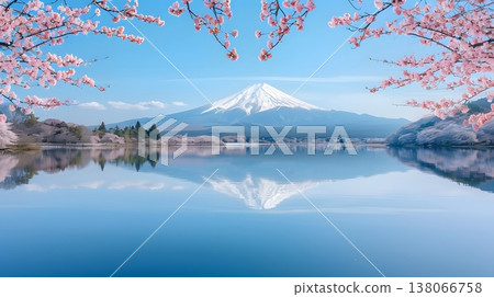 完美的春日景象:櫻花盛開,富士山倒映在湖面上。 完美的春日景象:櫻花盛開,富士山倒映在湖面上。 138066758