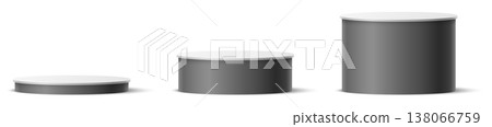 Realistic gray round podiums in various sizes. 3D pedestals for displaying goods. Product presentation base with shadow. Showcase scene. Cylinder stp stage. Vector set of cylindrical stands Realistic gray round podiums in various sizes. 3D pedestals for displaying goods. Product presentation base with shadow. Showcase scene. Cylinder stp stage. Vector set of cylindrical stands 138066759