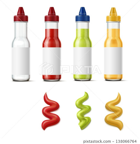 Realistic sauce glass bottles. Full and empty clean 3D containers. Ketchup jar with blank white label. Hot chili or mustard. Squeezed salsa isolated splash. Vector package mockups set Realistic sauce glass bottles. Full and empty clean 3D containers. Ketchup jar with blank white label. Hot chili or mustard. Squeezed salsa isolated splash. Vector package mockups set 138066764