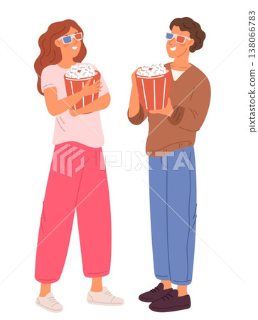 Young man and woman wearing 3D glasses and holding bags of popcorn. People getting ready to watch movie. Film leisure. Happy friends visit cinema together. Couple dating. Vector concept Young man and woman wearing 3D glasses and holding bags of popcorn. People getting ready to watch movie. Film leisure. Happy friends visit cinema together. Couple dating. Vector concept 138066783