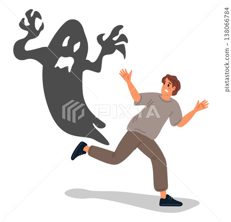 Young man experiences attack of fear or panic. Anxiety guy runs away from monster in fear. Mental problem. Afraid of shadow. Person escaping from phantom. Scary boogeyman. Vector concept Young man experiences attack of fear or panic. Anxiety guy runs away from monster in fear. Mental problem. Afraid of shadow. Person escaping from phantom. Scary boogeyman. Vector concept 138066784