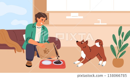 Young man feeds his dog. Care of domestic animal. Guy gives treats to pet. Guy pouring food into feeder bowl from package. Nutrition for home mammal. Owner feeding puppy. Vector concept Young man feeds his dog. Care of domestic animal. Guy gives treats to pet. Guy pouring food into feeder bowl from package. Nutrition for home mammal. Owner feeding puppy. Vector concept 138066785