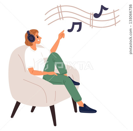 Young man or woman listens to music while sitting at home in comfortable armchair. Person wearing headphones and enjoying of melody. Cozy relax. Soundtrack musical notes. Vector concept 138066786