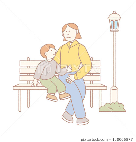 Mother and child talking on park bench Mother and child talking on park bench 138066877