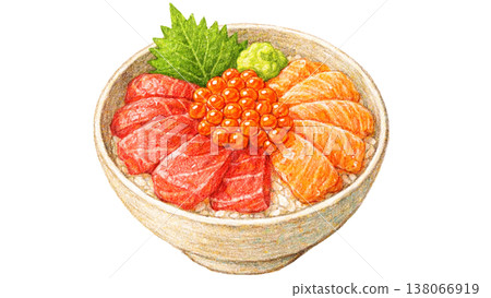 什錦海鮮飯，主要食材為鮭魚籽，蠟筆畫風格，日式食材 138066919