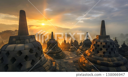 清晨，婆羅浮屠寺廟群籠罩在薄霧之中，呈現出神秘的景象。 138066947
