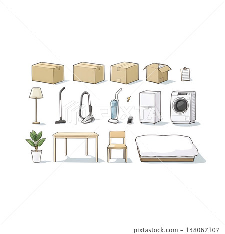 一組白色背景的插圖，展示了開始新生活和準備搬家所需的物品。 138067107