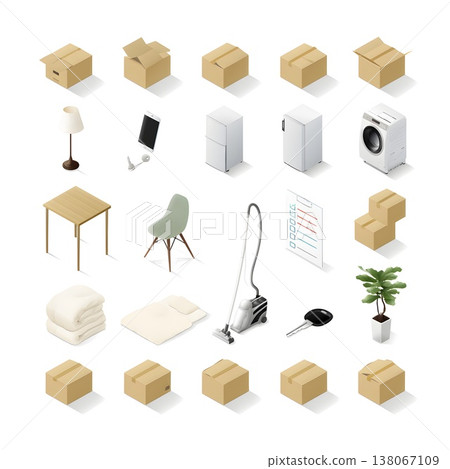 一組白色背景的插圖，展示了開始新生活和準備搬家所需的物品。 138067109