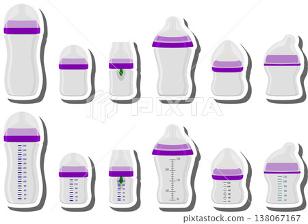 big colored set of baby milk in bottle with soft rubber pacifier 138067167