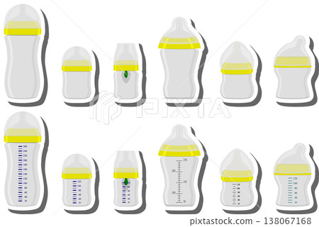 big colored set of baby milk in bottle with soft rubber pacifier big colored set of baby milk in bottle with soft rubber pacifier 138067168