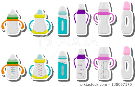 big colored set of baby milk in bottle with soft rubber pacifier 138067170