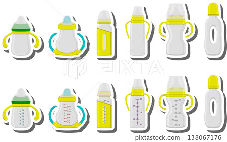 big colored set of baby milk in bottle with soft rubber pacifier big colored set of baby milk in bottle with soft rubber pacifier 138067176