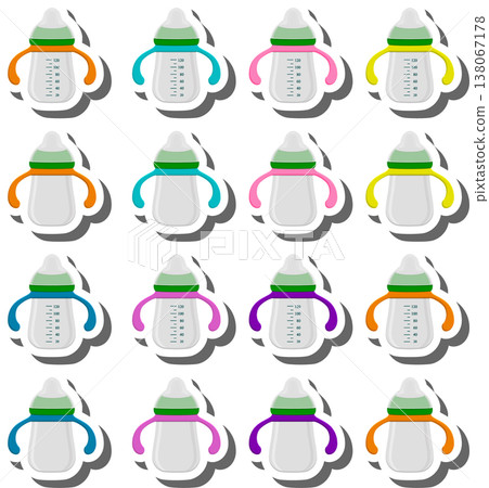 big colored set of baby milk in bottle with soft rubber pacifier big colored set of baby milk in bottle with soft rubber pacifier 138067178