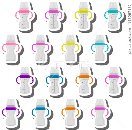 big colored set of baby milk in bottle with soft rubber pacifier 138067182