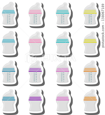big colored set of baby milk in bottle with soft rubber pacifier big colored set of baby milk in bottle with soft rubber pacifier 138067189