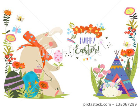 Easter Card with Flowers, Bear and Easter Eggs 138067289