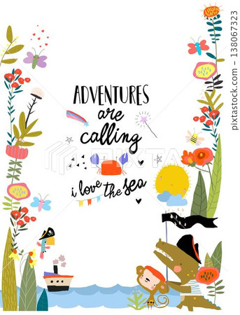 Cartoon Card with Cute Animals celebrating Pirate Party 138067323