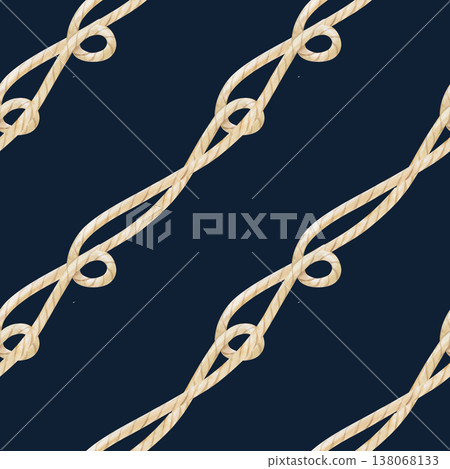Seamless pattern of intertwined beige ropes with loops. Watercolor illustration of natural-colored twine on a dark background. Realistic diagonal template for marine themes, fishing and hobbies. Seamless pattern of intertwined beige ropes with loops. Watercolor illustration of natural-colored twine on a dark background. Realistic diagonal template for marine themes, fishing and hobbies. 138068133