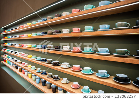 Colorful Stacks of Ceramic Mugs and Plates including yellow, red, blue, brown, pink, cyan and white on Wooden Shelves. 138068257