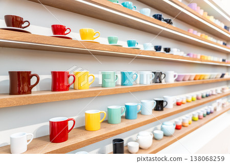 Colorful Ceramic Coffee Cups including red, yellow, green, cyan, black and white Displayed on Wooden Shelves in Store. Colorful Ceramic Coffee Cups including red, yellow, green, cyan, black and white Displayed on Wooden Shelves in Store. 138068259