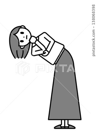 A woman with shoulder-length hair leaning her upper body forward with her hand on her chin. 138068398