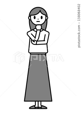 一位留著及肩長髮的女子,一手托著下巴。 一位留著及肩長髮的女子,一手托著下巴。 138068402