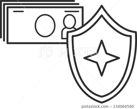 An illustration of a security guard protecting cash with a shield (line drawing only). 138068580