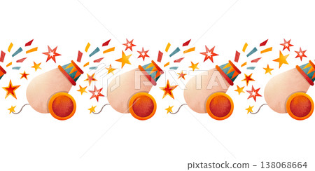Seamless border with circus props. Design with festive decorations. Illustration of a carnival pattern with confetti cannons for children's party invitations or greeting cards. Festival banner. 138068664