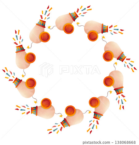 Round frame with circus props. Design with festive decorations. Illustration of a carnival drawing with a confetti cannon for children's invitations and greeting cards. 138068668
