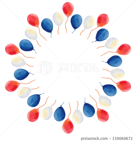 Festive round frame with blue, red and white balloons, hand painted with watercolors 138068672