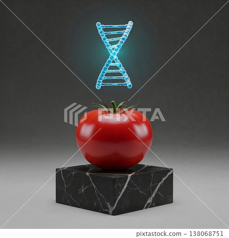 Close-up of a tomato in a laboratory with a projection of the DNA code. 138068751