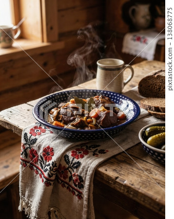 Traditional Hearty Beef Stew with Carrots and Bay Leaf Served in a Rustic Wooden Cabin Kitchen with Rye Bread and Pickles Traditional Hearty Beef Stew with Carrots and Bay Leaf Served in a Rustic Wooden Cabin Kitchen with Rye Bread and Pickles 138068775