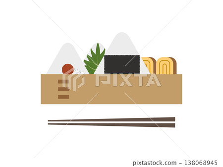 Illustration of a bento box and chopsticks with rice balls for lunch. Illustration of a bento box and chopsticks with rice balls for lunch. 138068945