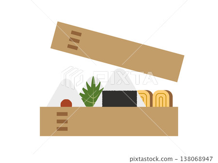 一個日式便當盒,內含彎木飯盒和飯糰;一個可以看到內容物的日式便當盒;簡潔的平面插圖。 一個日式便當盒,內含彎木飯盒和飯糰;一個可以看到內容物的日式便當盒;簡潔的平面插圖。 138068947