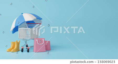 Monsoon sale representation with vibrant umbrellas and shopping elements. 3D render illustration Monsoon sale representation with vibrant umbrellas and shopping elements. 3D render illustration 138069023