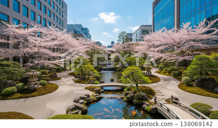 Cherry blossoms and a Japanese garden nestled between skyscrapers 138069142