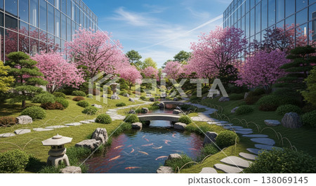 櫻花盛開，日式花園掩映在摩天大樓之間 138069145