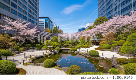 櫻花盛開，日式花園掩映在摩天大樓之間 138069146
