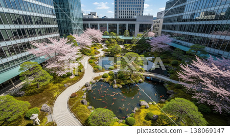 櫻花盛開，日式花園掩映在摩天大樓之間 138069147