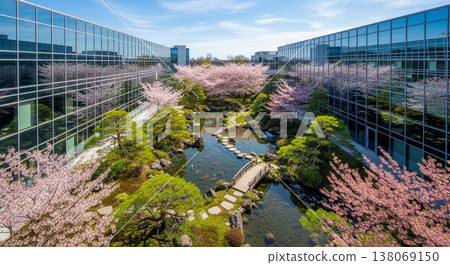 櫻花盛開，日式花園掩映在摩天大樓之間 138069150