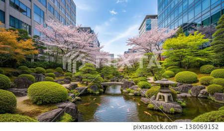櫻花盛開，日式花園掩映在摩天大樓之間 138069152