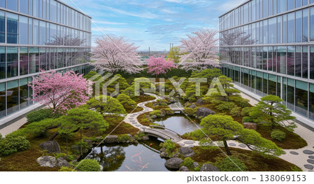 櫻花盛開，日式花園掩映在摩天大樓之間 138069153