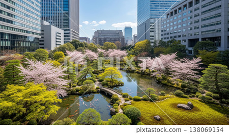 櫻花盛開，日式花園掩映在摩天大樓之間 138069154