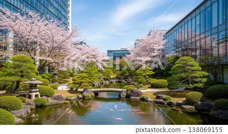 櫻花盛開，日式花園掩映在摩天大樓之間 138069155