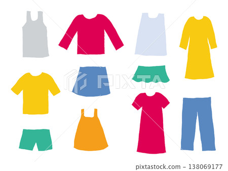 A set of colorful and simple hand-drawn illustrations of clothing items such as T-shirts and pants. 138069177