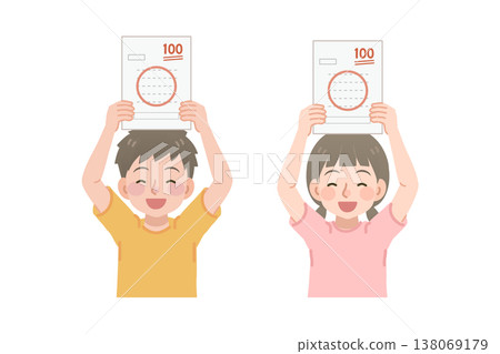 An illustration of an elementary school student who is happy to have gotten a perfect score on a test. An illustration of an elementary school student who is happy to have gotten a perfect score on a test. 138069179