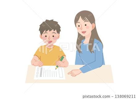 A boy and the teacher who supports him with his assignments A boy and the teacher who supports him with his assignments 138069211