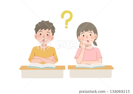 一個男孩和一個女孩在教室課桌前思考。 138069215