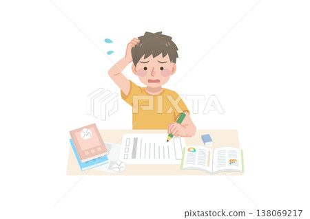 A primary school boy who has too many homework assignments and can't finish them all. A primary school boy who has too many homework assignments and can't finish them all. 138069217