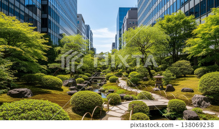 摩天大樓間的一片鬱鬱蔥蔥和日式花園 138069238